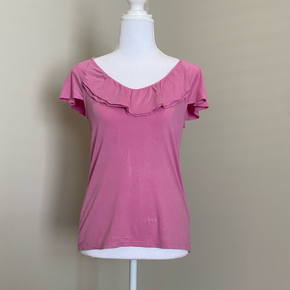 Pink, Short-Sleeved Top with Ruffle-detail Scoop Neckline